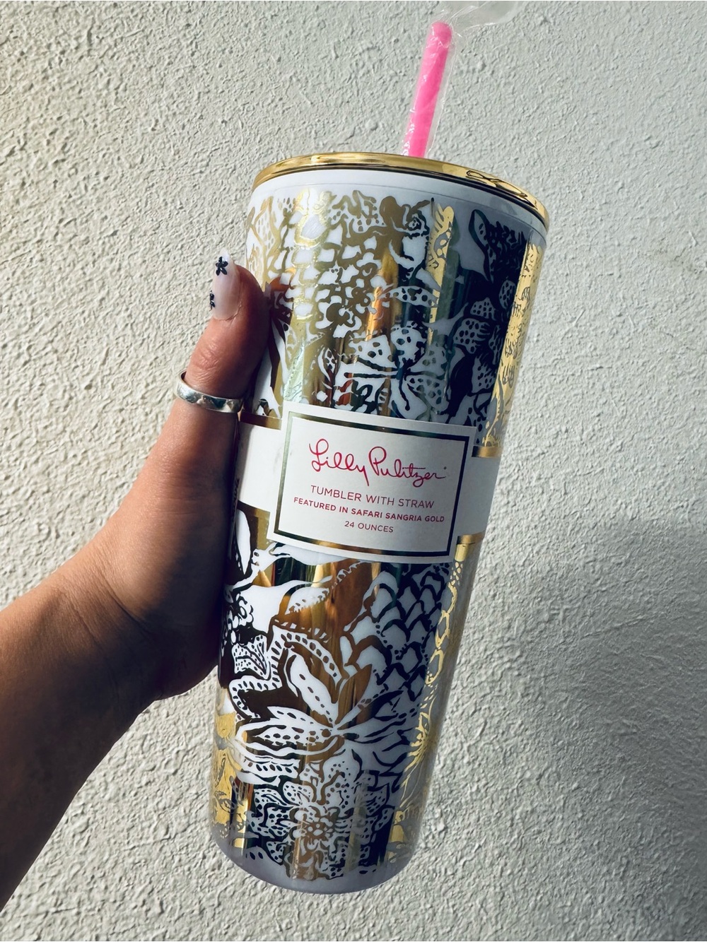 Lilly Pulitzer White Tumbler with Gold Floral Accents and Pink Straw